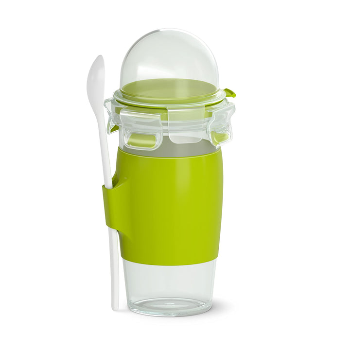 EMSA Clip & Go Yoghurtbecher, 0,45 L, rund, inklusive Löffel und Topping-Fach, 100 Prozent dicht, mi