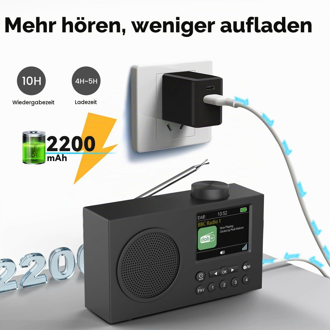 DAB Radio mit Bluetooth, DAB Plus Radio mit 3" Grosses TFT Display, Rechargeable Dab+ Radio Klein, K