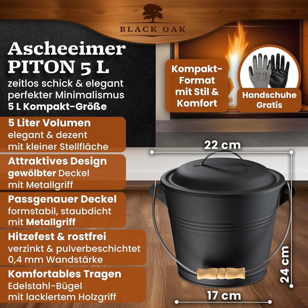BLACK OAK Ascheeimer PITON 5L - schwarz mit Deckel & Holz-Griff + Handschuhen - 5L gross Stahl feuer