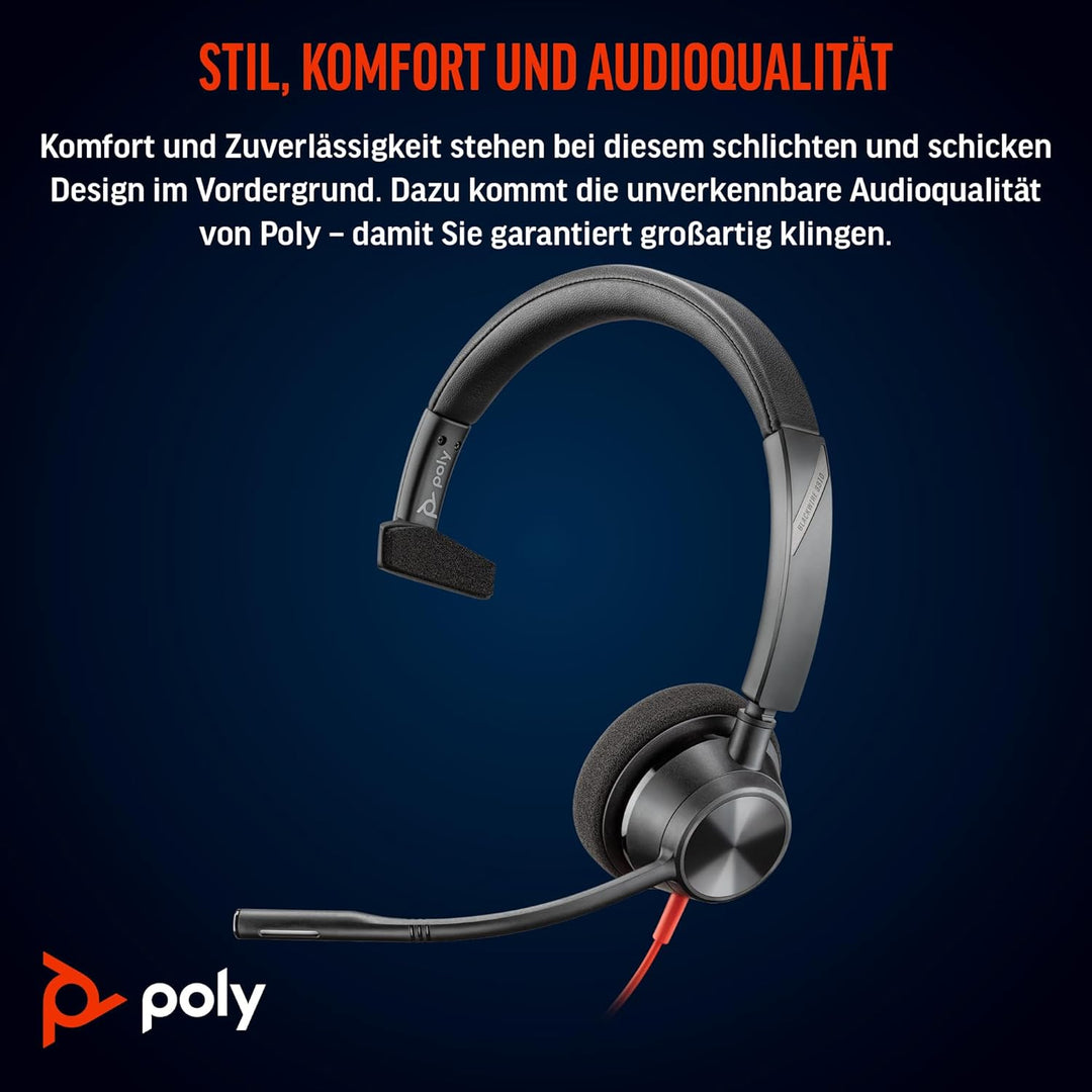 Schnurgebundenes USB-C-Headset Poly Blackwire 3310 – Flexibler Mikrofonarm – Monaurales Design – Ver