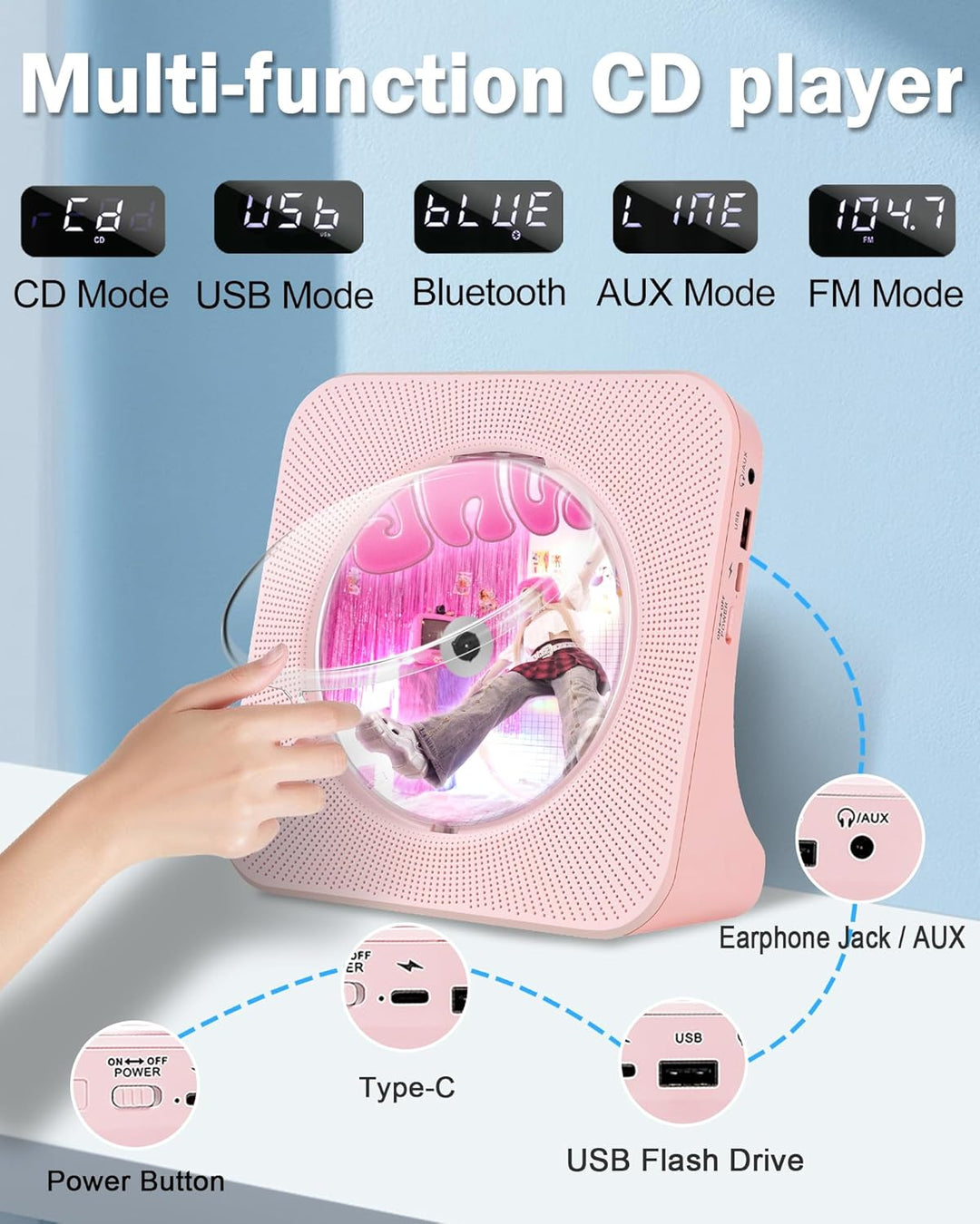 CD-Player Tragbar mit Bluetooth, Desktop CD-Player für zu Hause, CD-Player Unterstützung CD/FM Radio