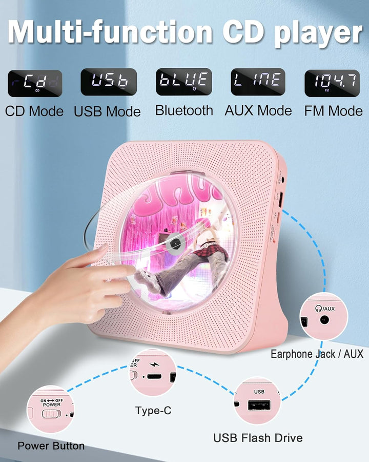 CD-Player Tragbar mit Bluetooth, Desktop CD-Player für zu Hause, CD-Player Unterstützung CD/FM Radio