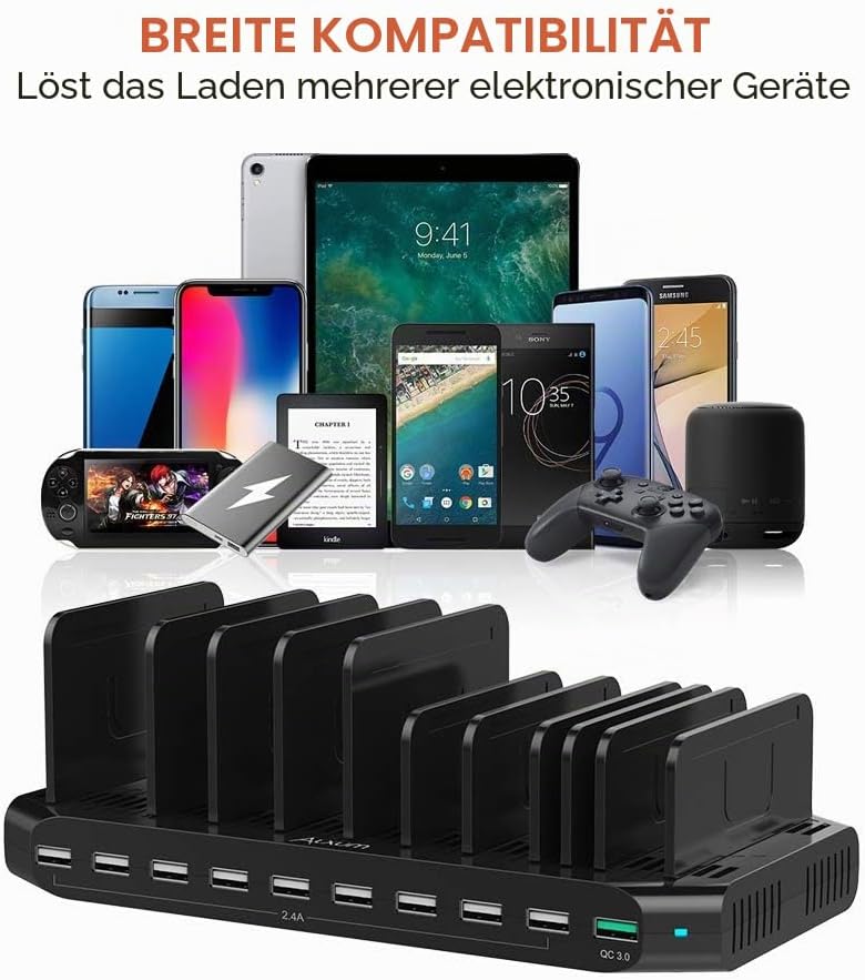 Alxum 60W Multi USB Ladestation 10 Ports mit QC 3.0 Ladestation Mehrere Geräte Schnelles für Mobilte