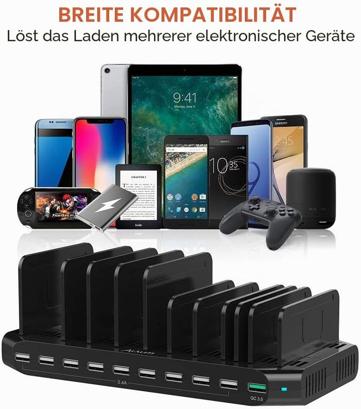 Alxum 60W Multi USB Ladestation 10 Ports mit QC 3.0 Ladestation Mehrere Geräte Schnelles für Mobilte