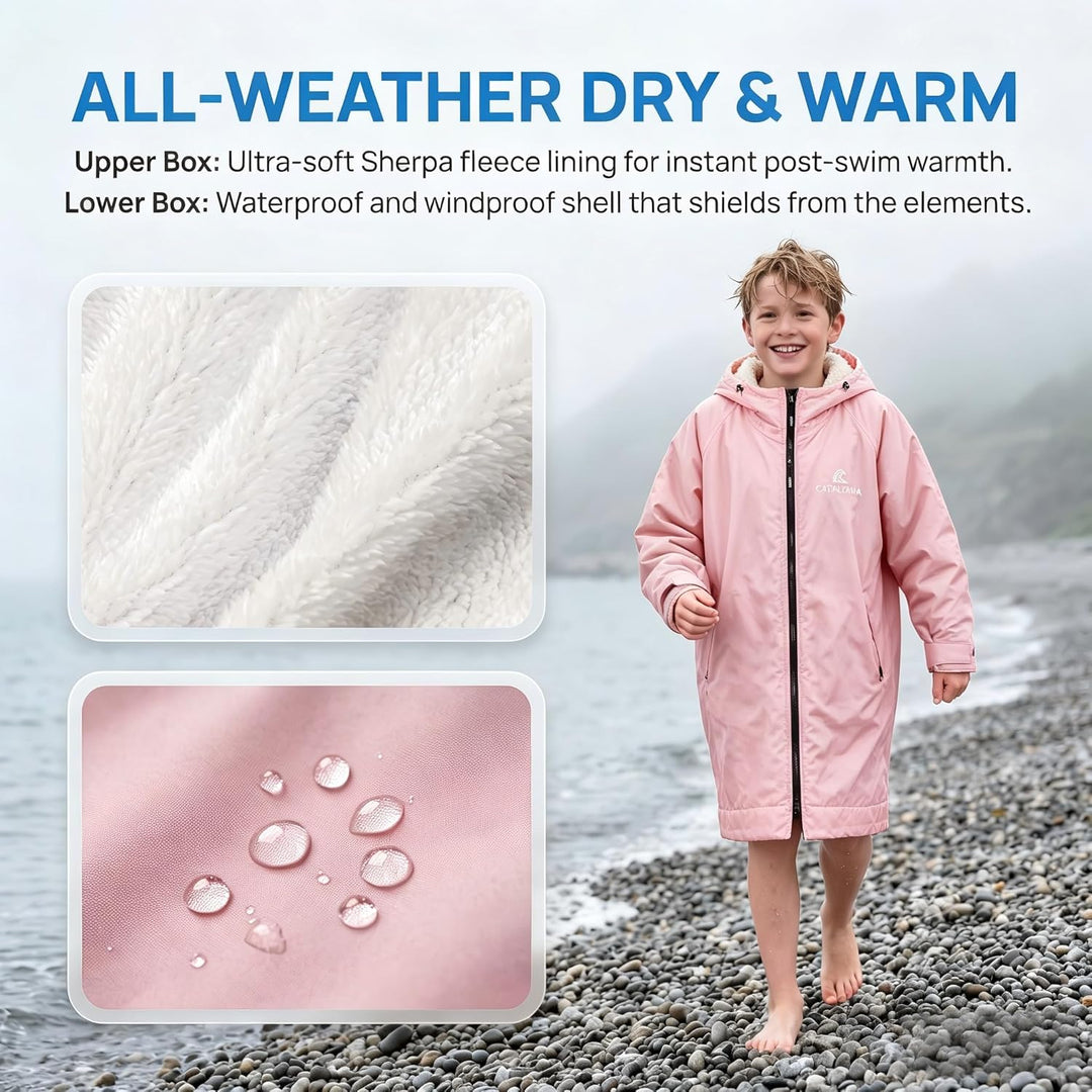 Catalonia Classy Wickelmantel Wasserdicht für Kinder, Wärmemantel Schwimmen mit Sherpa-Futter, Surf