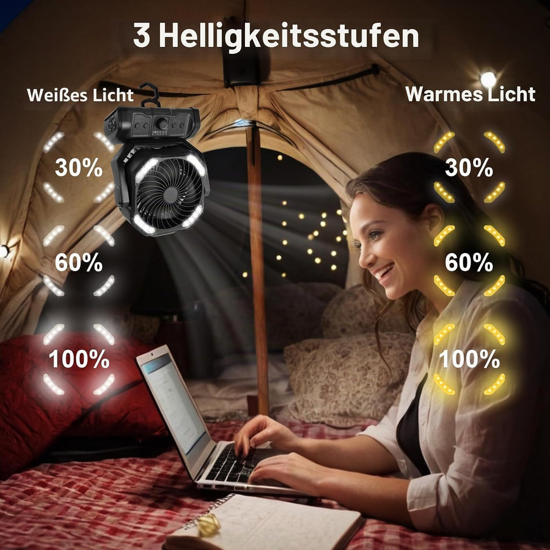 ELZO 20000mAh Camping Ventilator, Wiederaufladbarer Tischventilator USB Ventilator mit LED Licht &amp; H