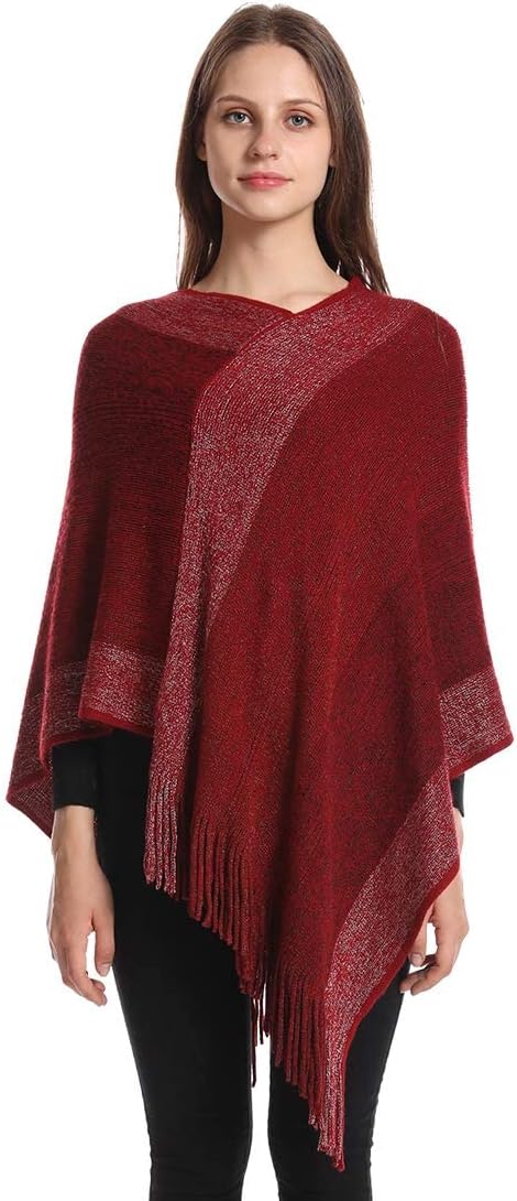 Damen-Poncho-Pullover, V-Ausschnitt, gestreift, Strickschal, Cape, Pullover mit Fransen, S-L Burgund