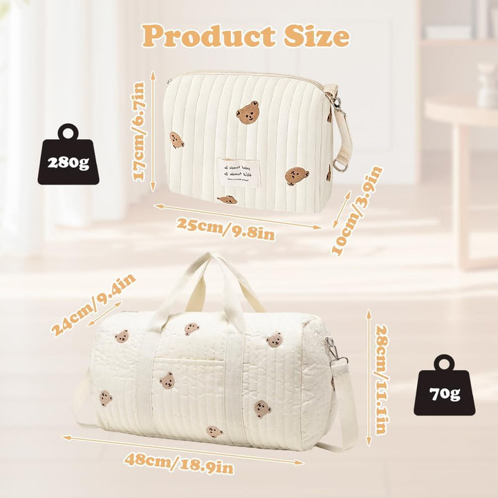 Wickeltasche Kliniktasche Geburt Grosse 2er Set, Mommy Bag aus Baumwolle mit Stickerei & Teddybär-Mu