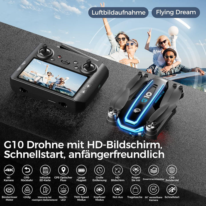 G10 GPS Drohne mit kamera 4K Erwachsene (Bildschirmfernsteuerung), 5G Faltbare Drone mit Bürstenlose
