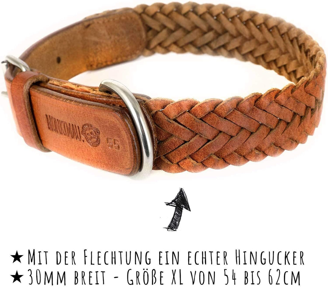Monkimau Halsband für Hunde aus echt Leder geflochten verstellbar (XL 54-62cm) L-XL: 30mm x 70cm, L-