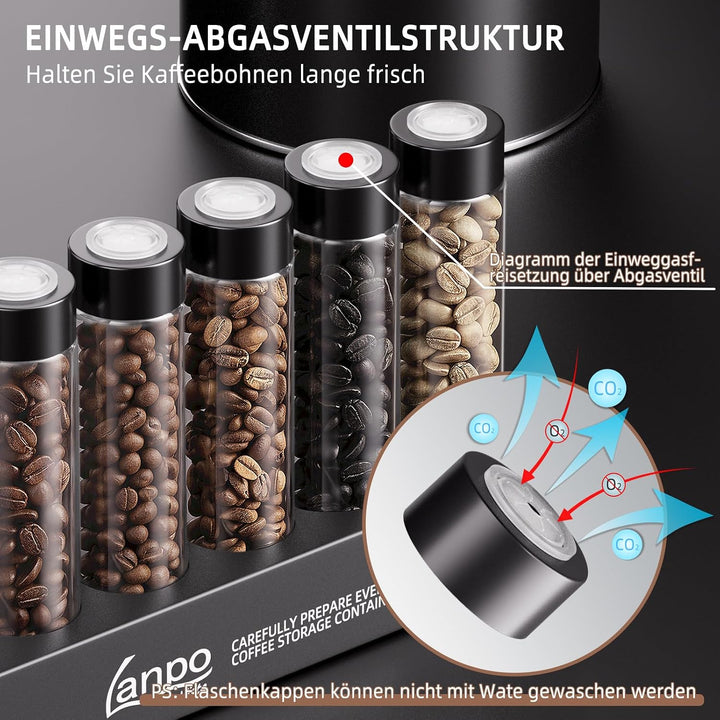 Kaffeebohnen Behälter 6er Einzeldosis Glas Kaffeedose luftdicht mit Einwegventil, Massivholz Sockel,