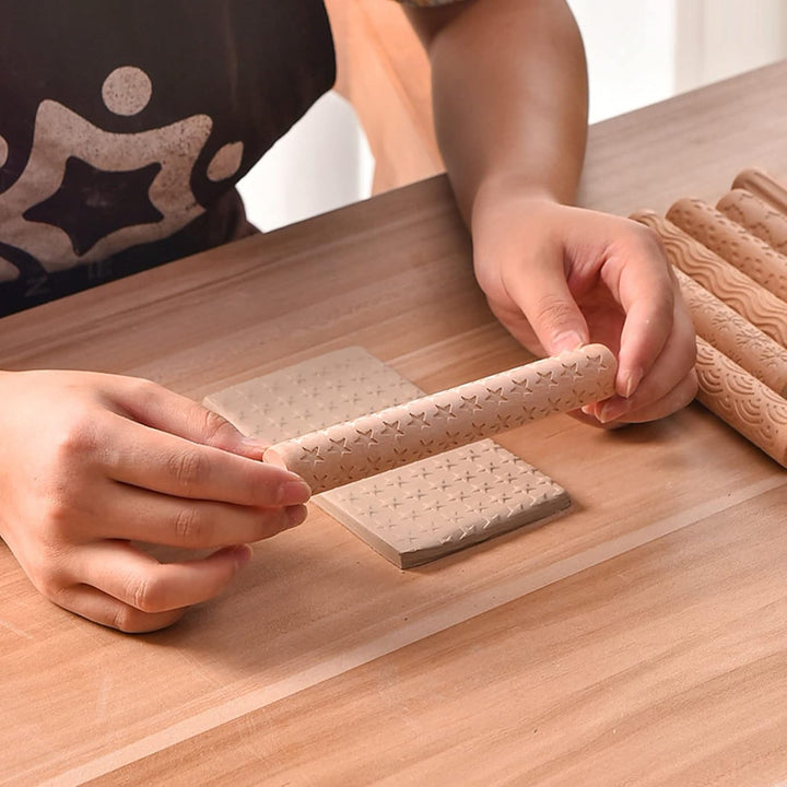 6 x Holz-Tonroller, Modelliermuster-Roller-Set, Töpfereimuster-Roller, Ton-Nudelholz, strukturierter
