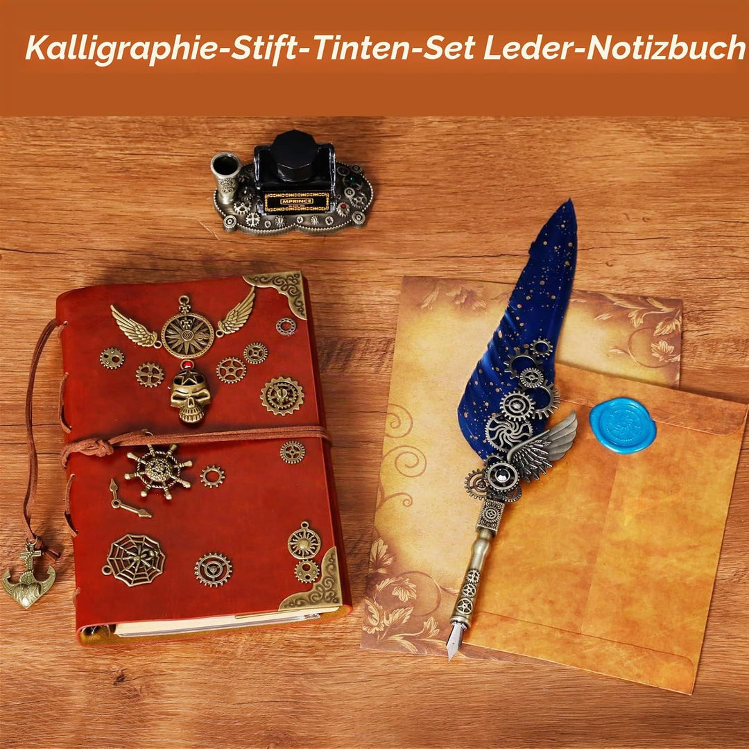 Schreibfeder Tinte Set Leder Notizbuch mit Quill Stift, 5 austauschbare Federn, Siegel Stempel, Löff