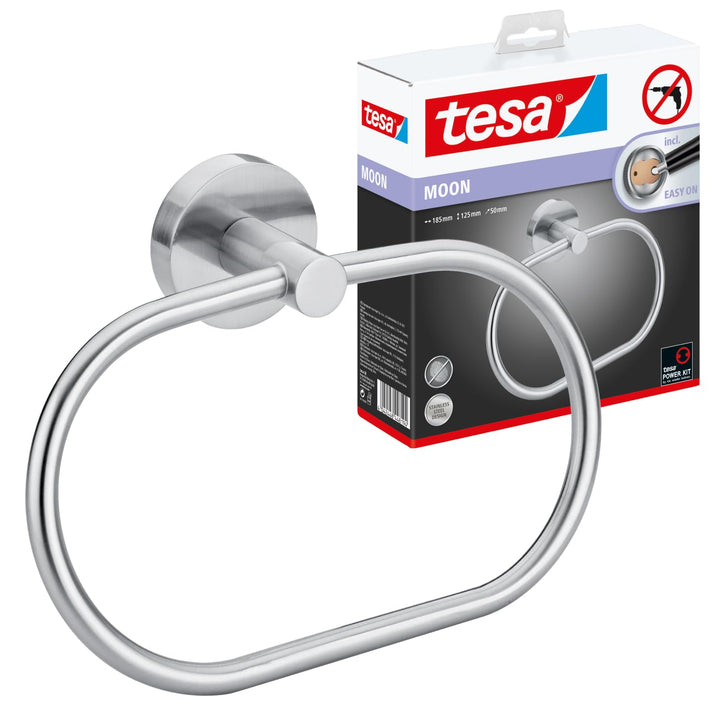 tesa Moon Handtuchring, verchromt - Handtuchhalter-Ring oval - zur Wandbefestigung ohne Bohren, inkl
