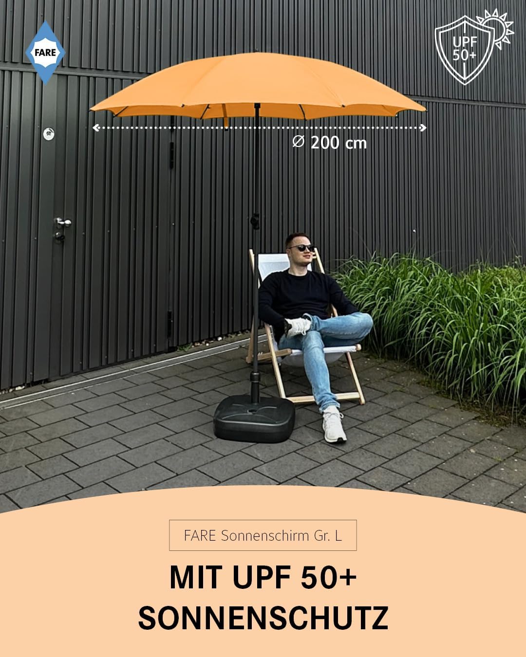 FARE Sonnenschirm Gr. L - 200 cm Durchmesser - UV-Schutz 50+ für Balkon Garten Terrasse Sommer - Tit