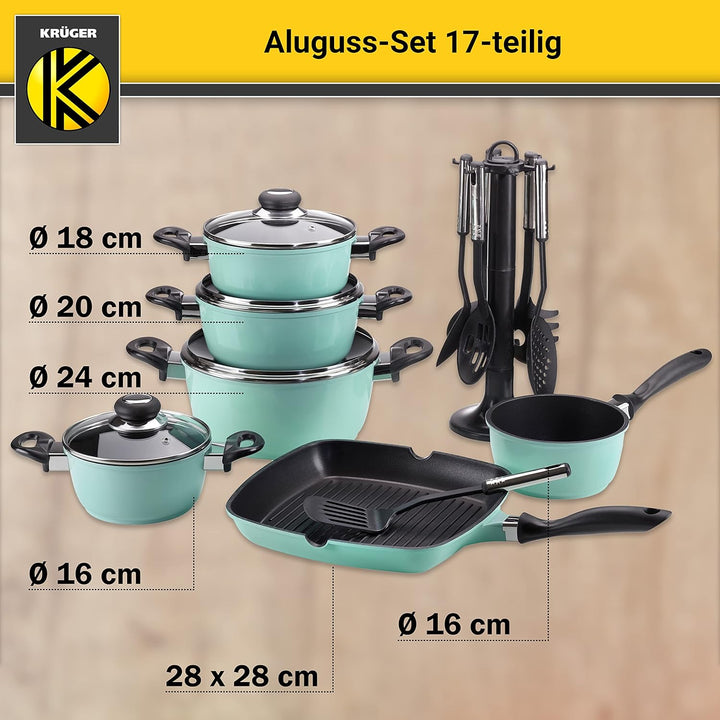 Krüger Aluguss-Set 17-teilig - antihaft-versiegeltes Topf- und Pfannenset mit Küchenhelfer - hohe Hi