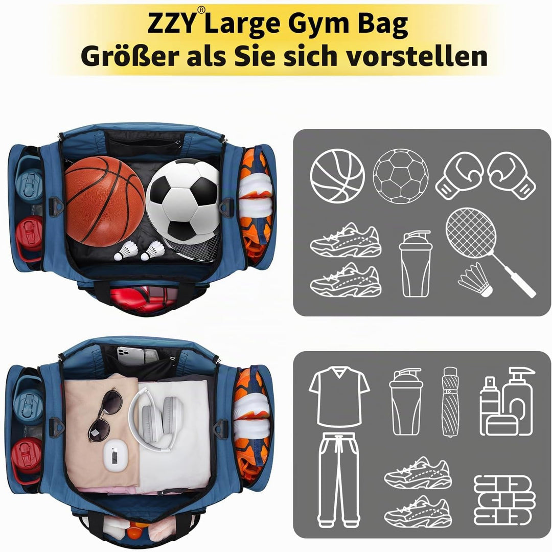 ZZY 55L Sporttasche Herren mit 2 Seitentaschen grosse Reisetasche für Fitness, Training und Reisen 5