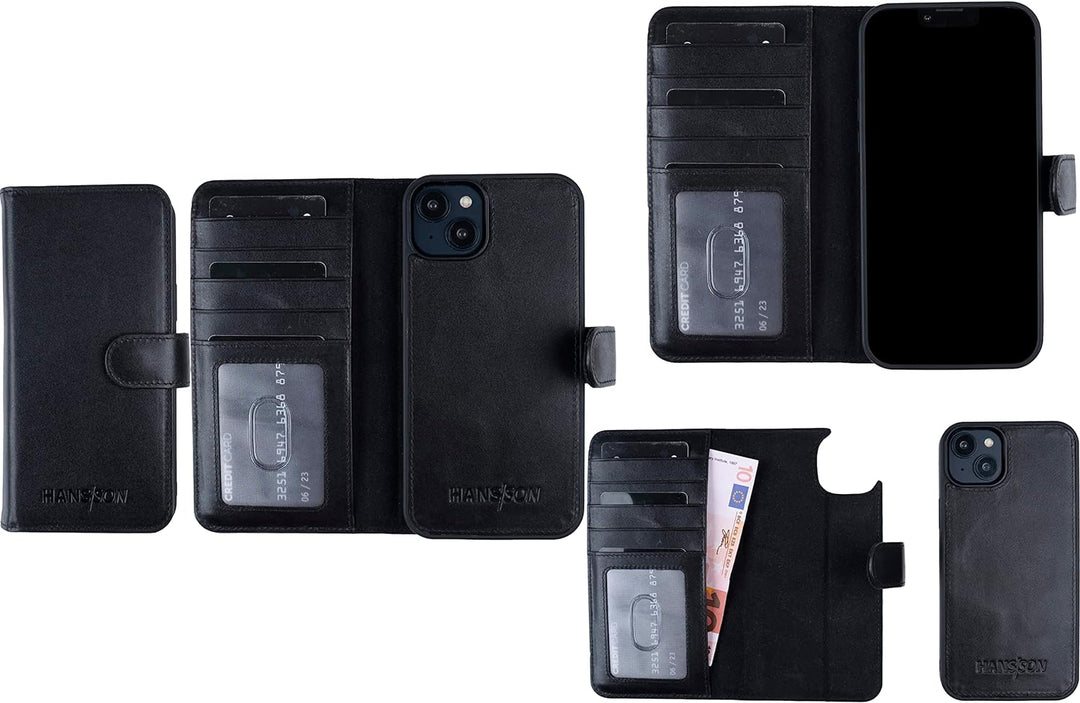 HANS/SON Echtlederhülle für iPhone 14 Plus | 6,7 Zoll | 2 in 1 Ledercase mit Kartenfächern | Schwarz