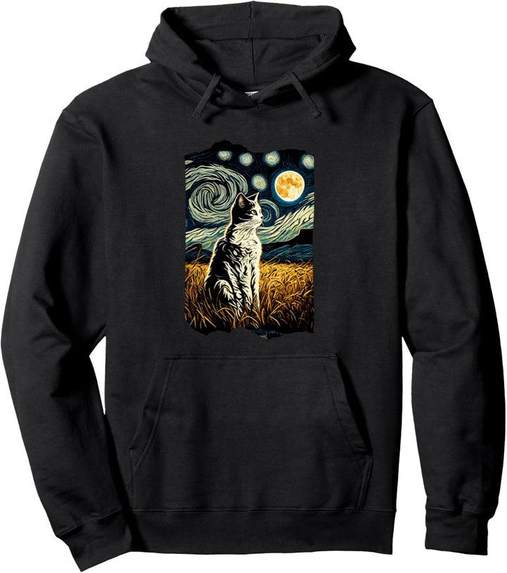 Katze, sitzend auf einem Feld, Vollmond, Van Gogh Stil Pullover Hoodie