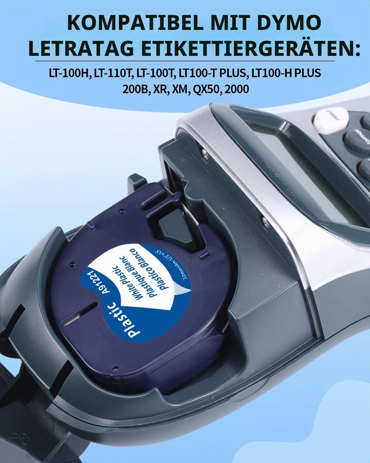 Aken Kompatibel mit Dymo Letratag Plastic 12mm x 4m Kompatibel mit Dymo LetraTag LT-100H LT-110T LT-
