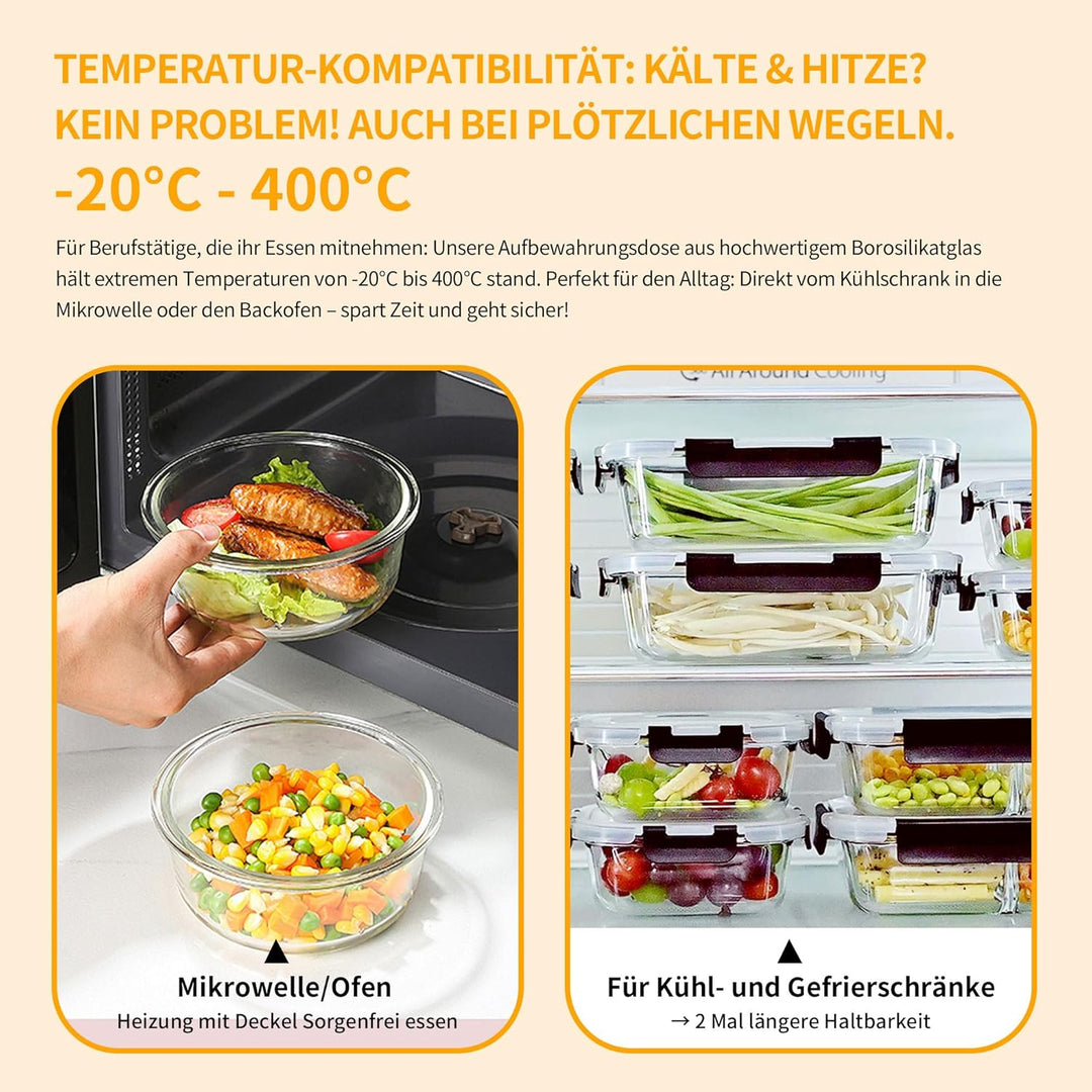 1300ml Frischhaltedosen Glas mit Deckel 4er, Rund Meal Prep Boxen Glas mit Deckel, Versiegelter Glas