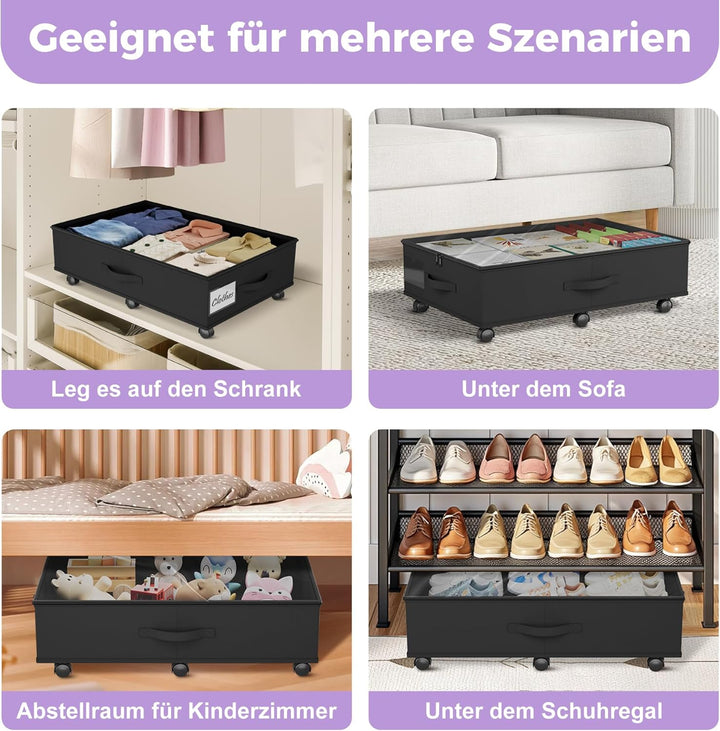 Babenest Unterbettkommode mit 6 Rollen, 2 Stück Faltbare Unterbett Aufbewahrungsbox mit Klarer Decke