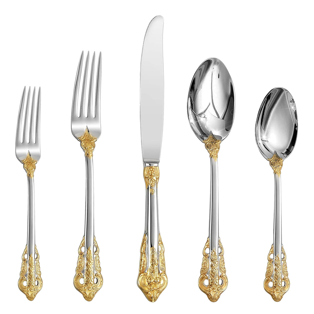 Prächtiges Barock Gold Silber 18/10 Edelstahl Besteck-Set mit 20 Teilen, rostfreies Edelstahl Bestec