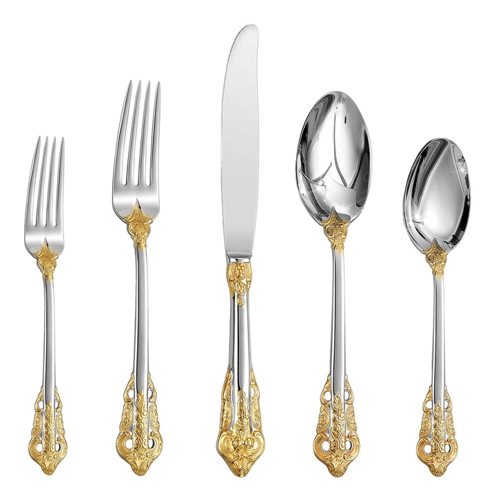 Prächtiges Barock Gold Silber 18/10 Edelstahl Besteck-Set mit 20 Teilen, rostfreies Edelstahl Bestec