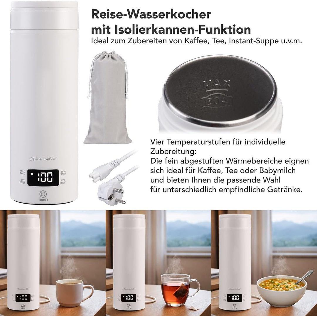 Rosenstein & Söhne Edelstahl Wasserkocher: Reise-Wasserkocher & Isolierkanne, 300 W, 500 ml, 4 Tempe