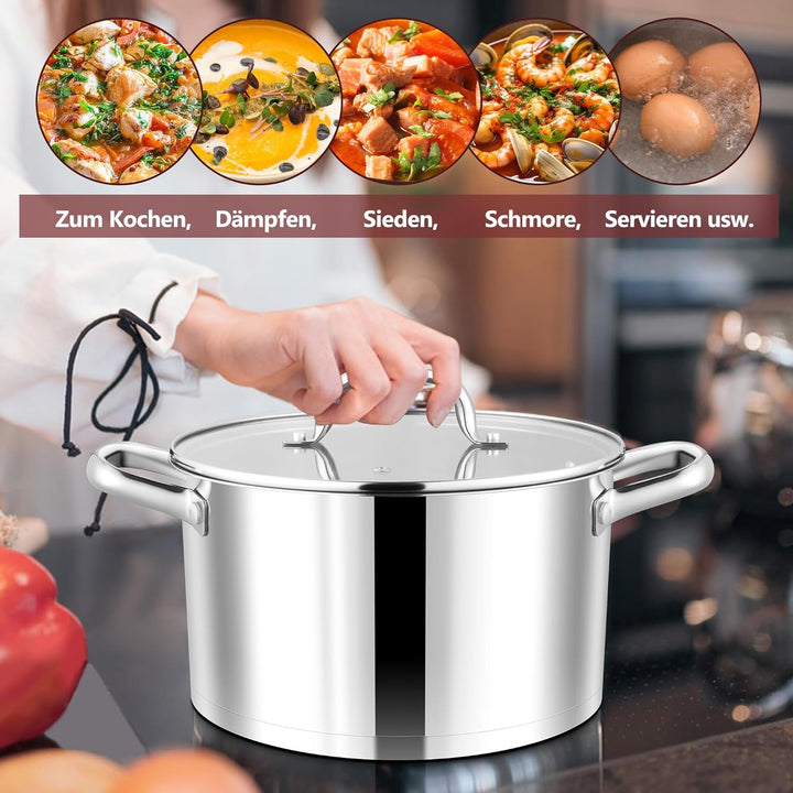 Joyfair Kochtopf, 24cm Edelstahl Suppentopf mit Glasdeckel, 3-Lagen Edeastahl Topf Induktion für all