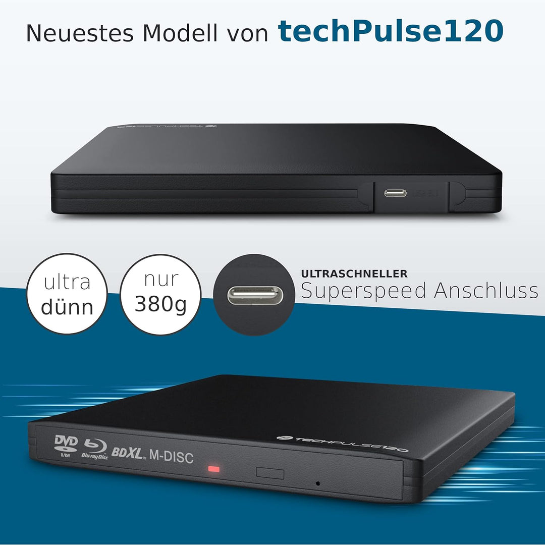 techPulse120 USB 3.1 Typ-C externer M-Disc BDXL Blu-ray Brenner Player Superdrive Laufwerk BD DVD CD