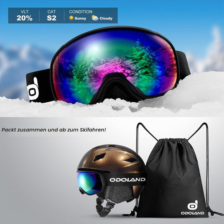 Odoland Skihelm und Skibrille Set Snowboardhelm mit Snowboardbrille für Damen und Herren Ski Goggles
