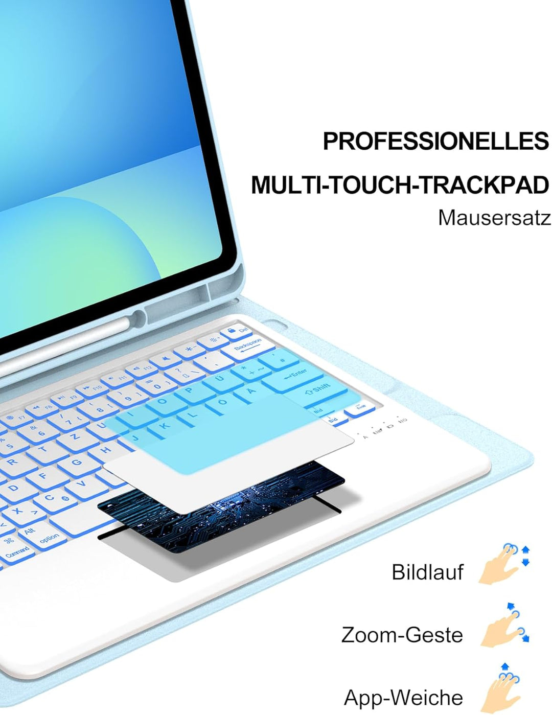 Für Galaxy Tab S10 FE Plus Hülle mit Beleuchteter Tastatur & Trackpad – 7-Farben RGB, Deutsches QWER