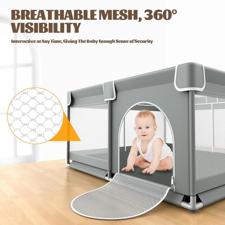 Laufstall Baby 127x127cm, Laufgitter Baby mit Rutschfester Basis und Atmungsaktivem Netz, Kinder Sic