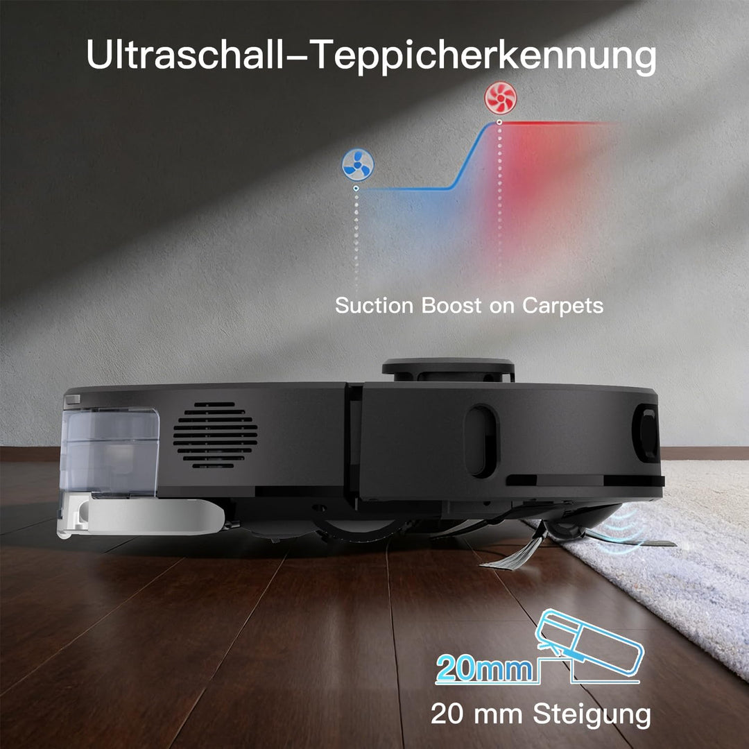 Saugroboter mit Wischfunktion, 8000Pa 200Min 70-Tage Freihändig Staubsauger Roboter mit Absaugstatio