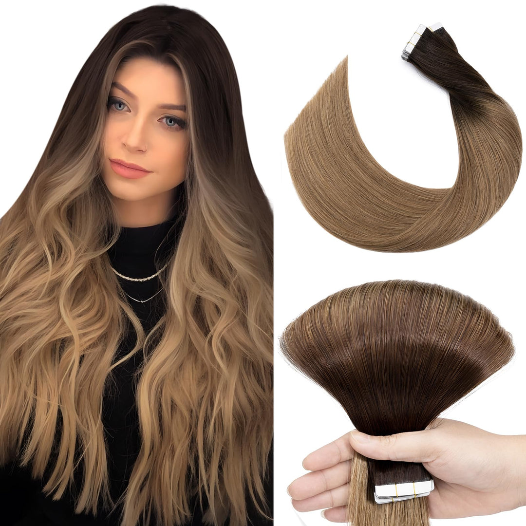 Elailite Echthaar Extensions Tape in 40g #4T27 Mittel braun Ombre Dunkelblond, 20 Stück/Packung Real