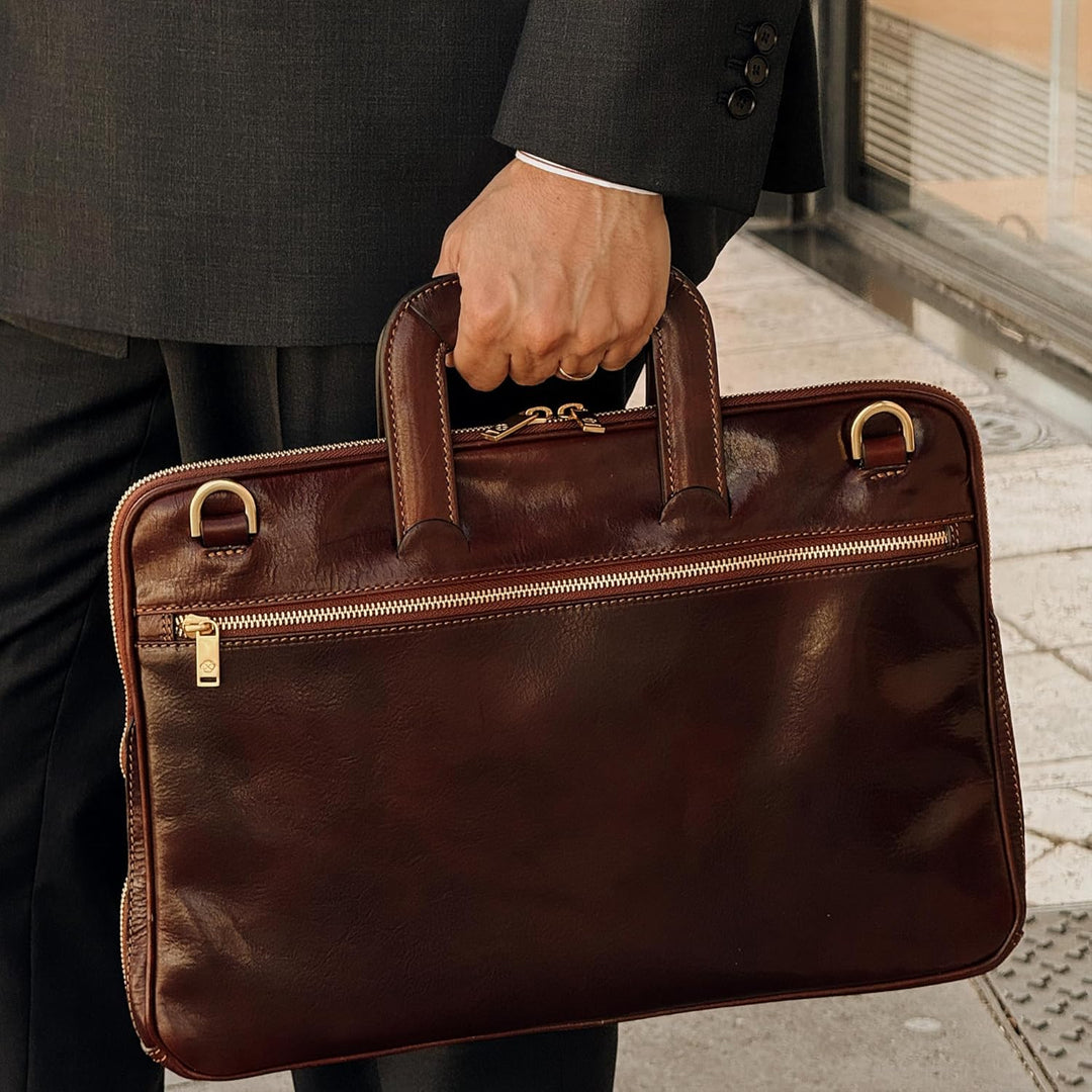Time Resistance Leder Aktentasche für Herren mit Schultergurt - Handgefertigt in Italien - Arbeitsta