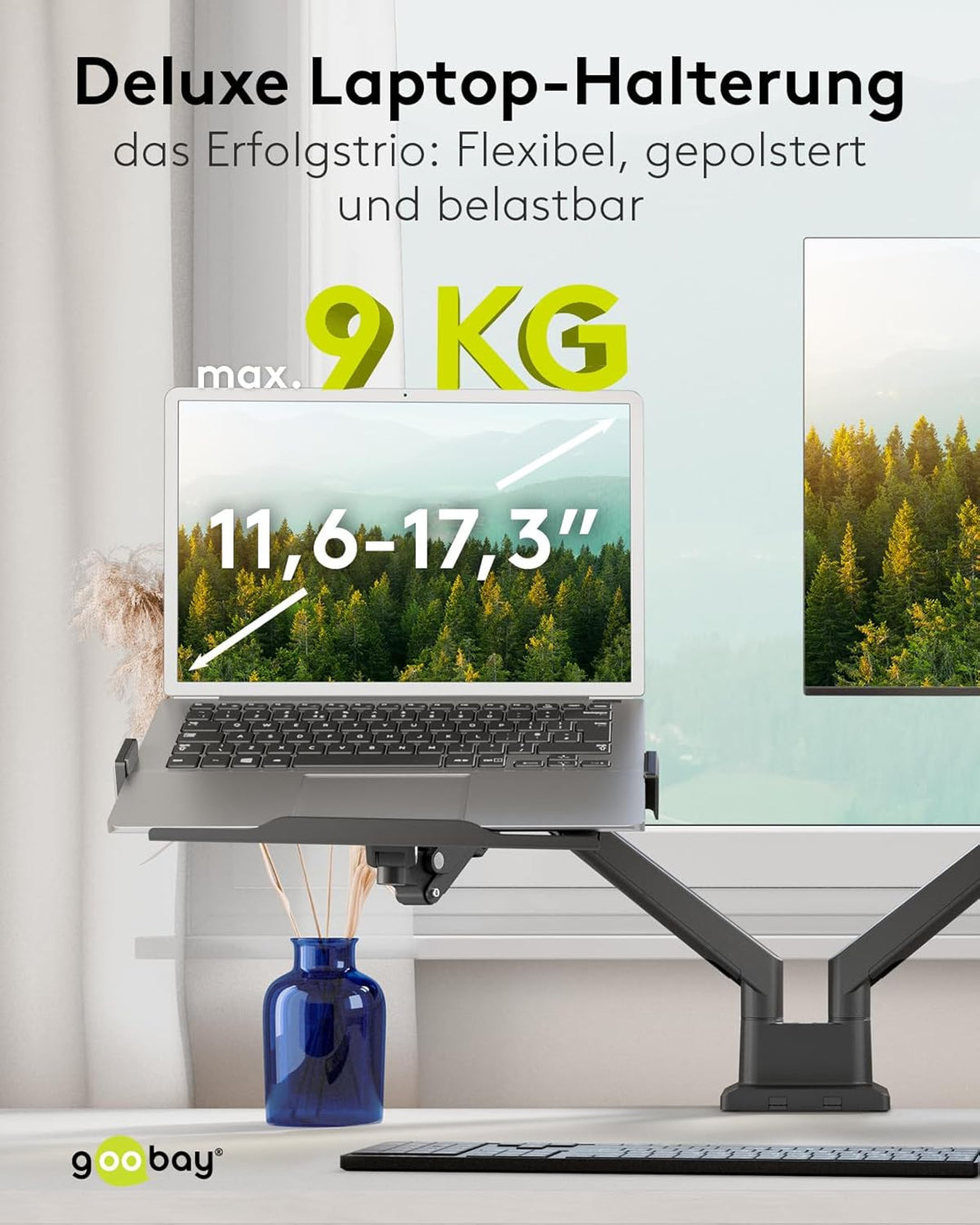 goobay Deluxe Laptophalterung für Monitore von 11,6 bis 17,3 Zoll (29-44 cm), max. 9 kg, zur Montage