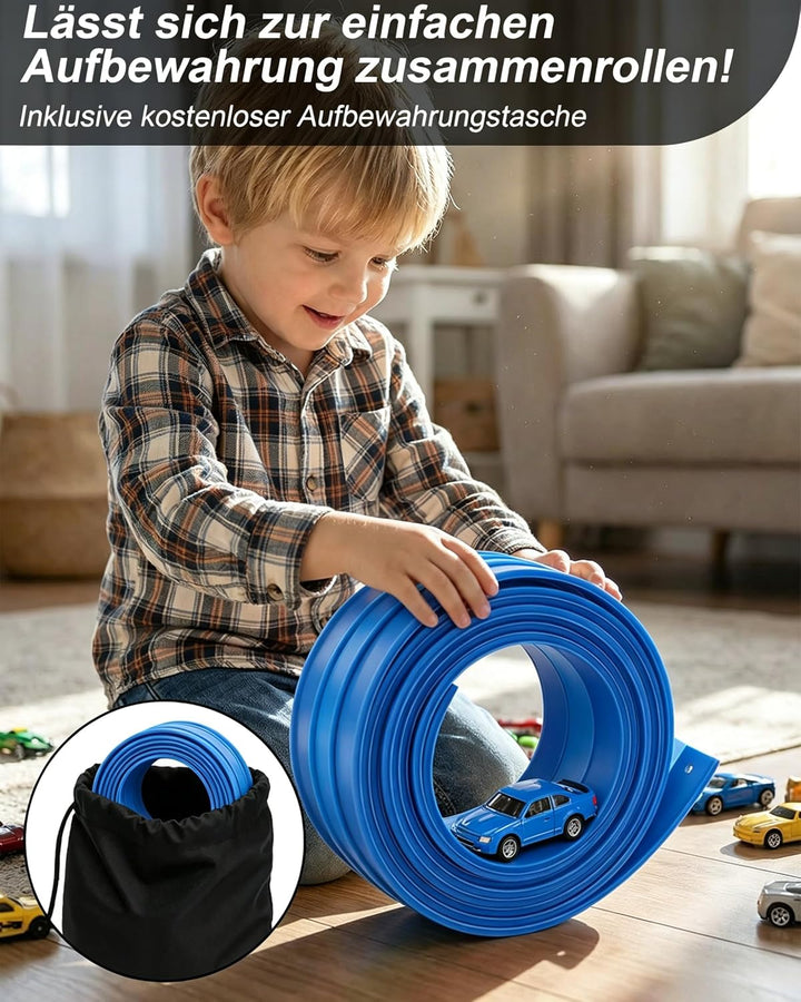 Flexible 3-Spur-Rennbahn für Kinder, 5 m lange aufrollbare Rennbahn mit 6 Autos, batterieloses Set o