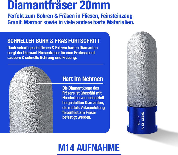 SEDION® Diamantfräser 20mm x M14 Premium - Exzellentes Bohren & Fräsen von harten Fliesen - Fingerfr