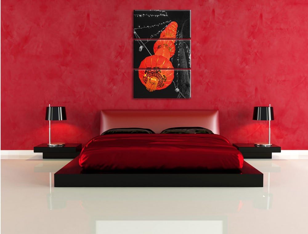 Pixxprint Klassische chinesische Lampions schwarz/weiss 3-Teiler Leinwandbild 120x80 Bild auf Leinwa