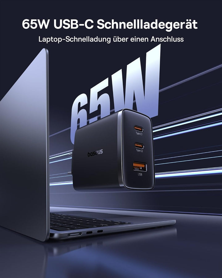 Baseus USB C Ladegerät, 65W USB C Netzteil 3-Port PD Ladegerät mit PPS, GaN Schnellladegerät kompati