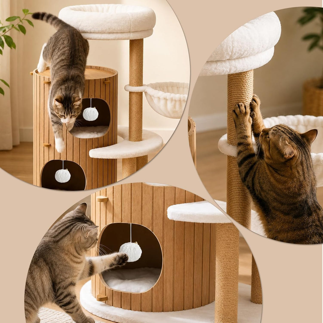 Premium kratzbaum mit 2er Kratztonne, Katzenbaum＆Grosse Plattformen | Sisalstämme, Kratzrampe, Katze