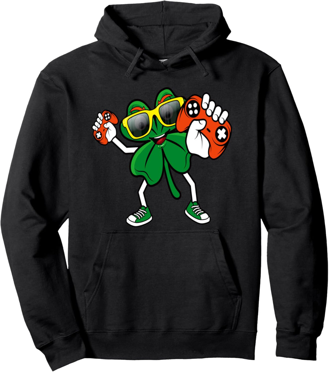 Kids St Patricks Day Funny Green Shamrock Video Gamer Boys Pullover Hoodie