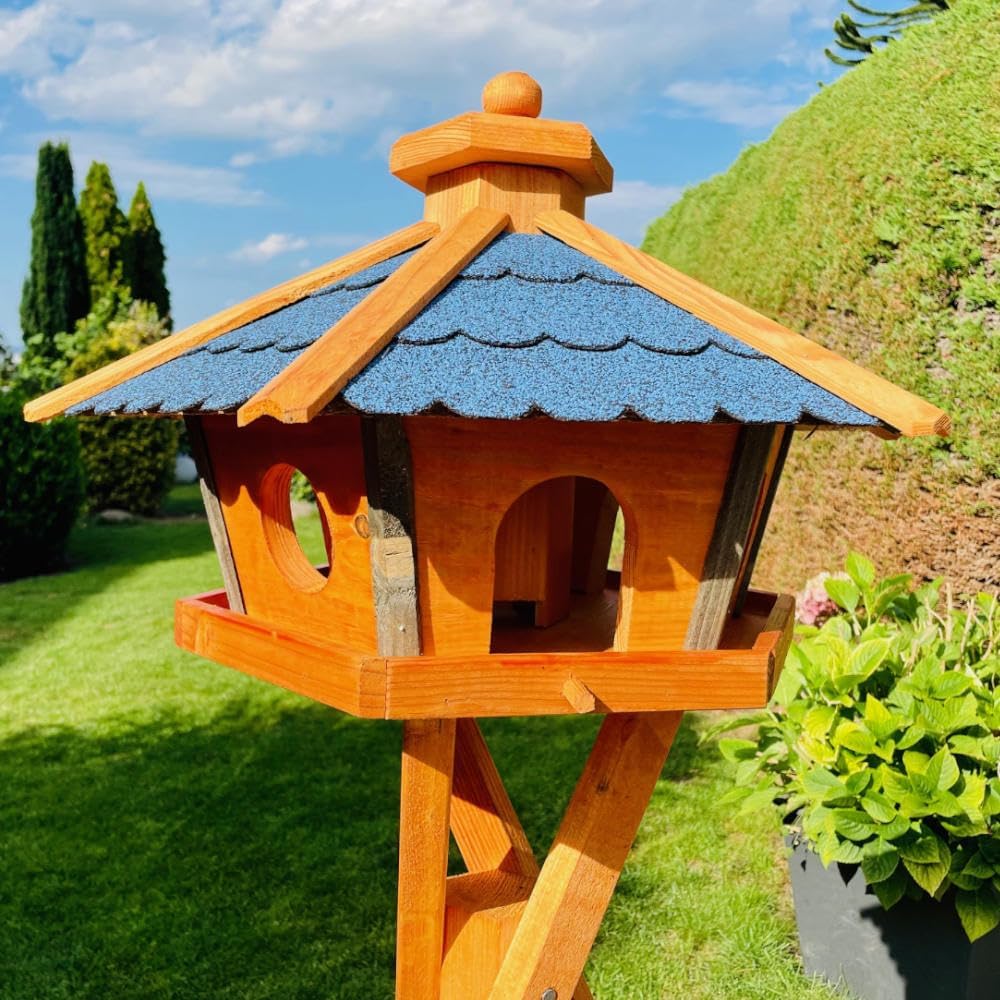 Vogel Futter Haus L oder XL Sechseck Holz Vogelhaus Futterstelle Braun/Blau, Rot, Schwarz und Grün (