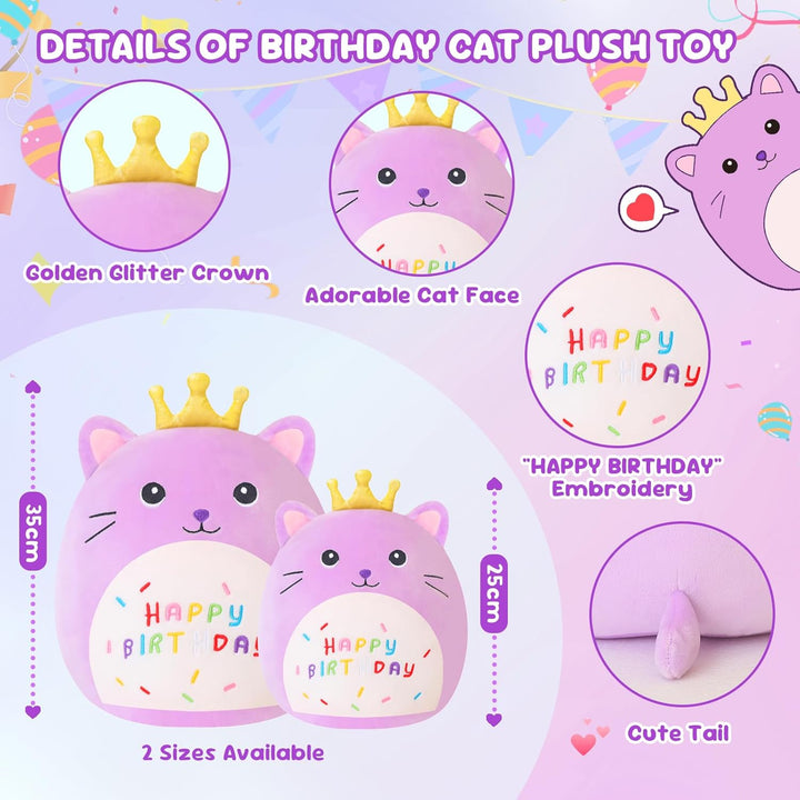 SQEQE Happy Birthday Stuffed Animal 10" Cat Soft Toys with Crown Cute Plush Pillow Cat Plush Toy for