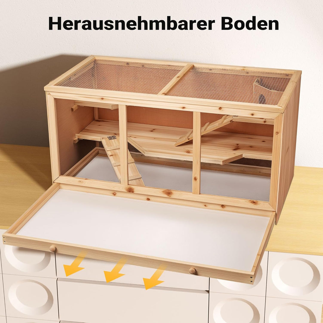 Wiltec XXL 3 Etagen Nagerkäfig, 4-eckig, 1150 x 600 x 580 mm, aus Holz, mit klappbarem Deckel & Sich