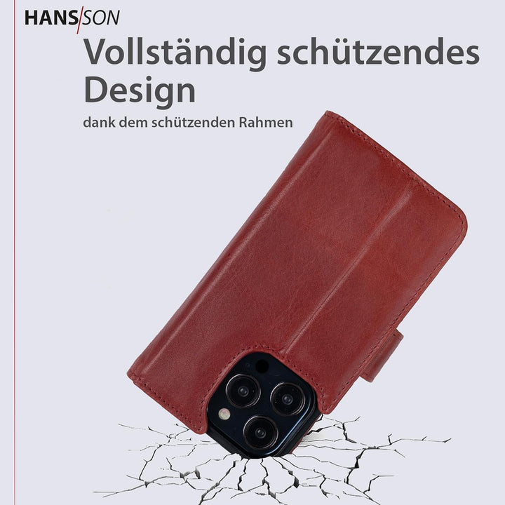 HANS/SON Klappbare Echtlederhülle in Rot | iPhone 14 Pro Max Ledercase mit Kartenfächern | Lederhüll