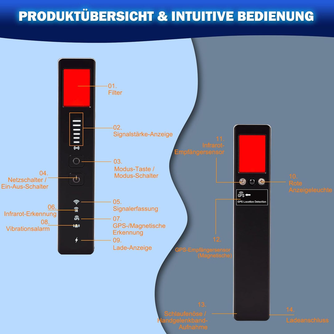 Versteckter Kamera Detektor - Wanzen Detektor - und Abhörgerätedetektor, GPS Tracker Finder, Anti-Sp