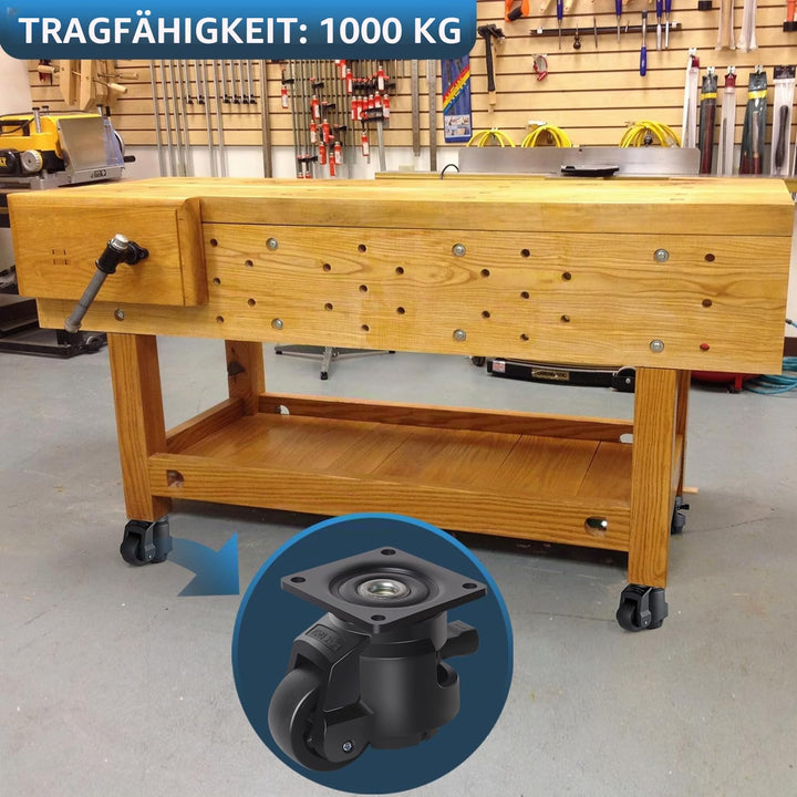 Schwerlastrollen mit Verstellbarem Ratschengriff, 4 Lenkrollen bis 1000kg, 50MM Einziehbare Werkbank